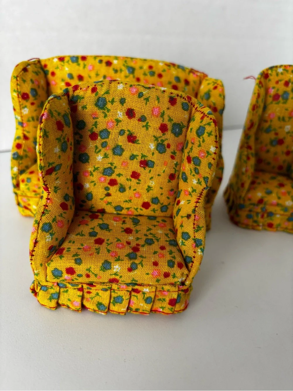 Vintage HandmadeDollhouse Furniture Set Yellow Floral Sofa and Chairs